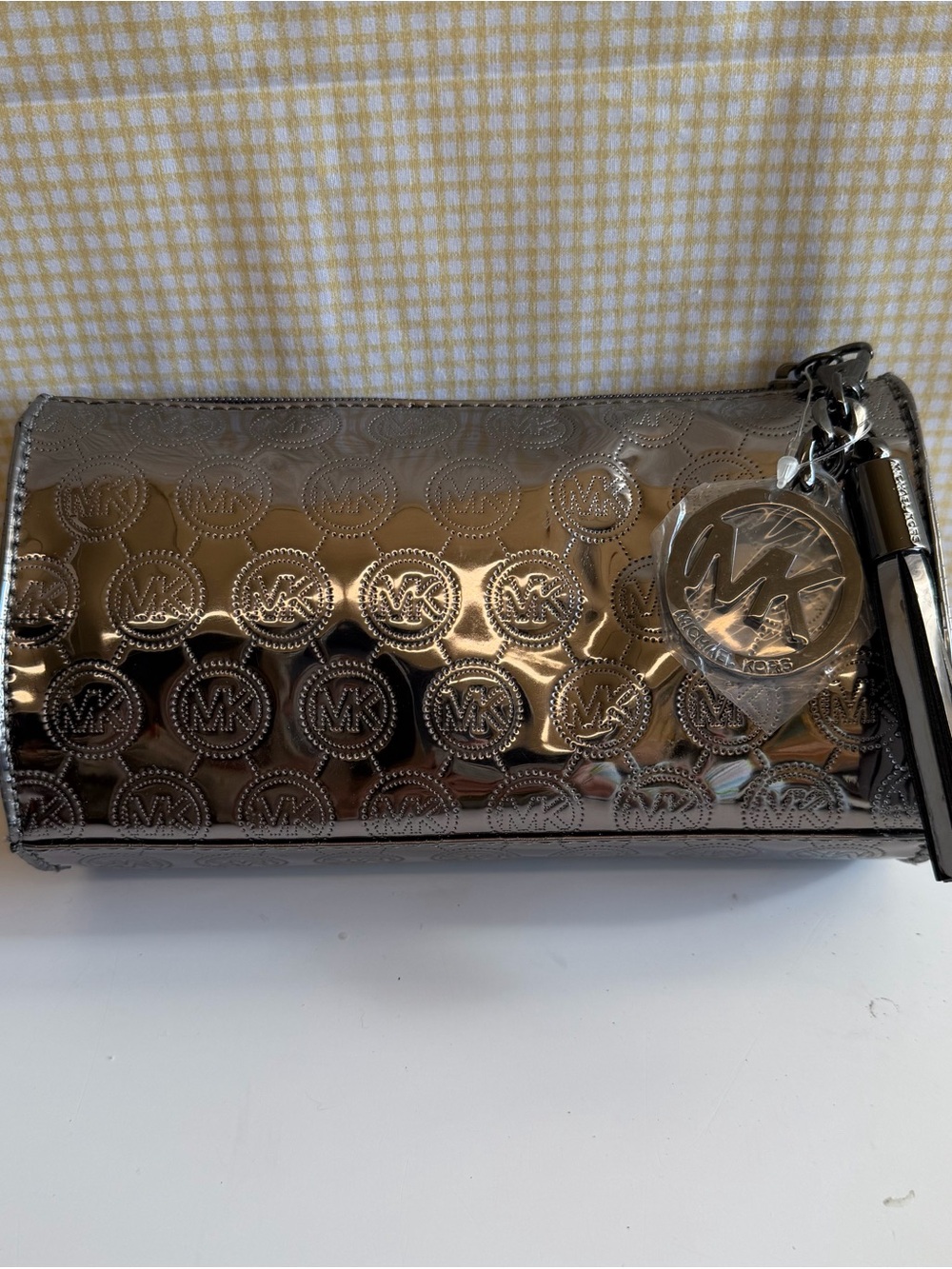 Michael Kors Metallic Gunmetal Logo Wristlet Clutch